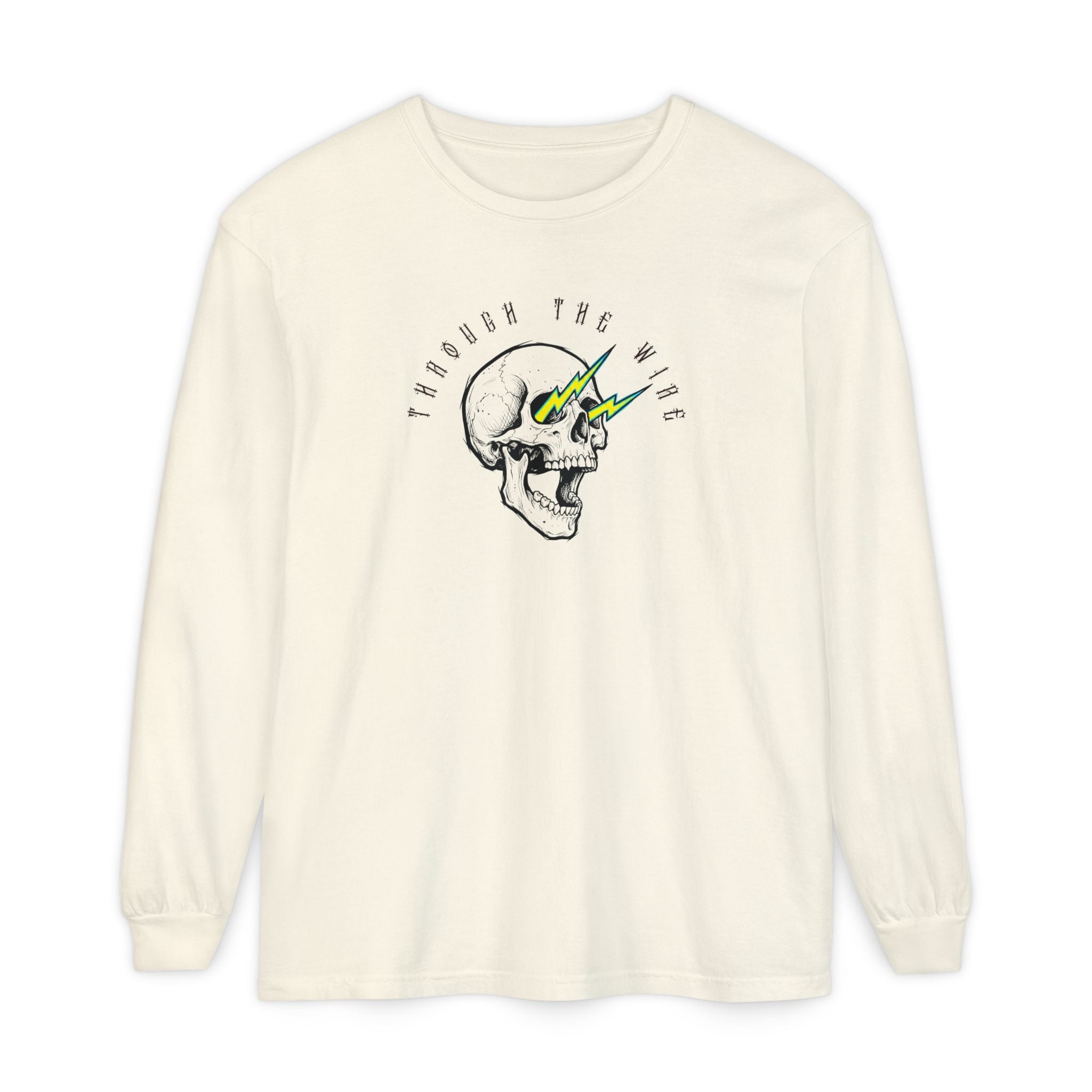 White sweatshirt with skull and arrow design