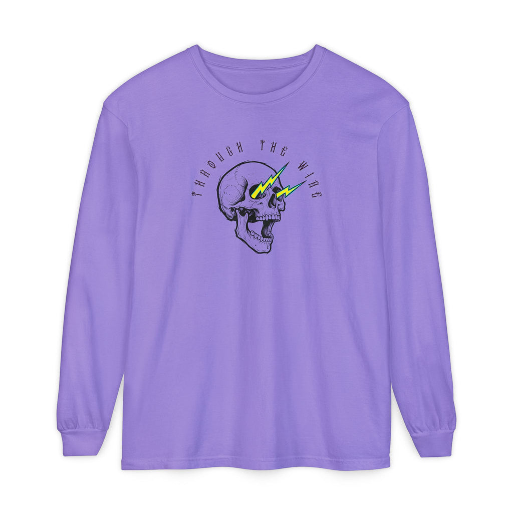 Purple long-sleeve shirt with a skull and lightning bolt graphic 