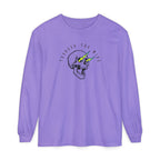 Purple long-sleeve shirt with a skull and lightning bolt graphic 