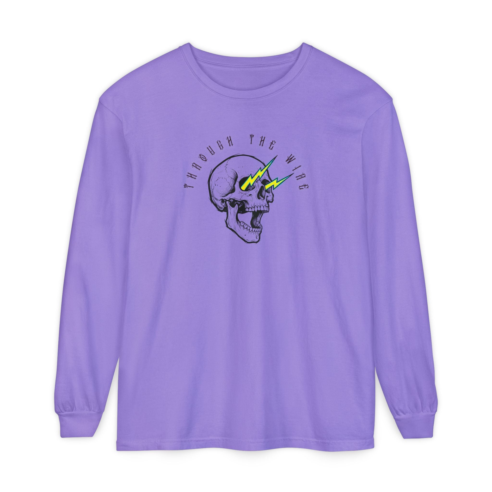 Purple long-sleeve shirt with a skull and lightning bolt graphic 