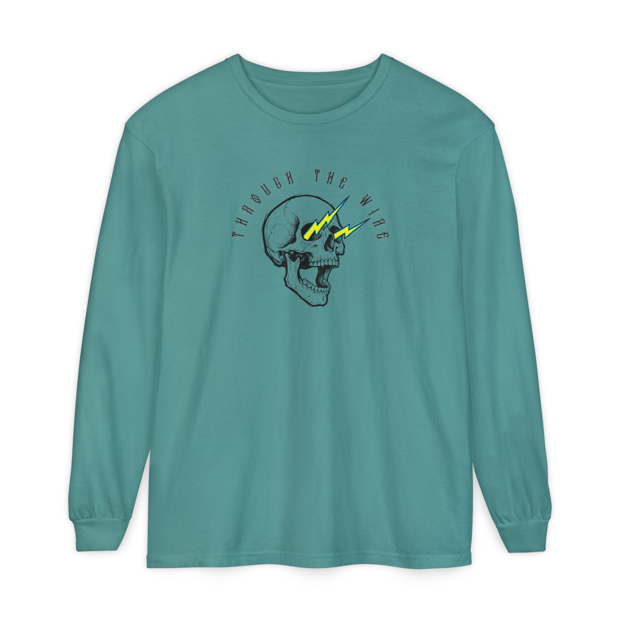 Teal long-sleeve shirt with a skull graphic