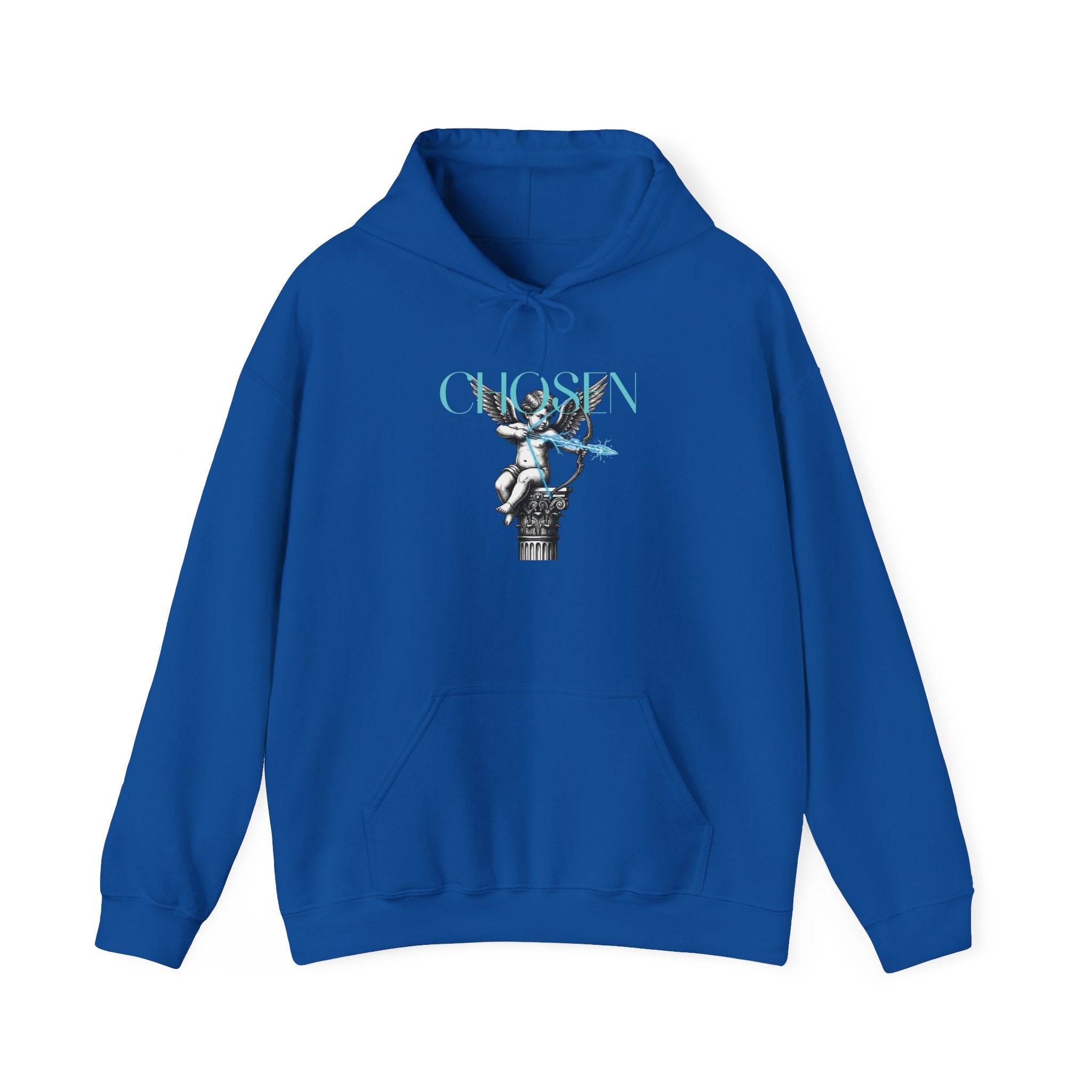 Blue hoodie with cherubic angel holding bow and arrow