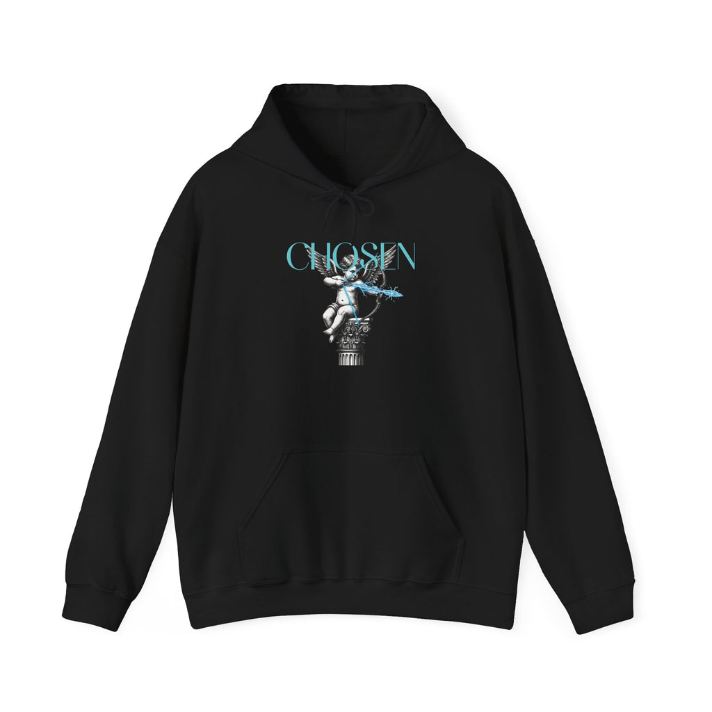 Black hoodie with cherubic angel holding bow and arrow