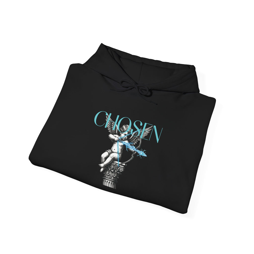 Black hoodie with cherubic angel holding bow and arrow
