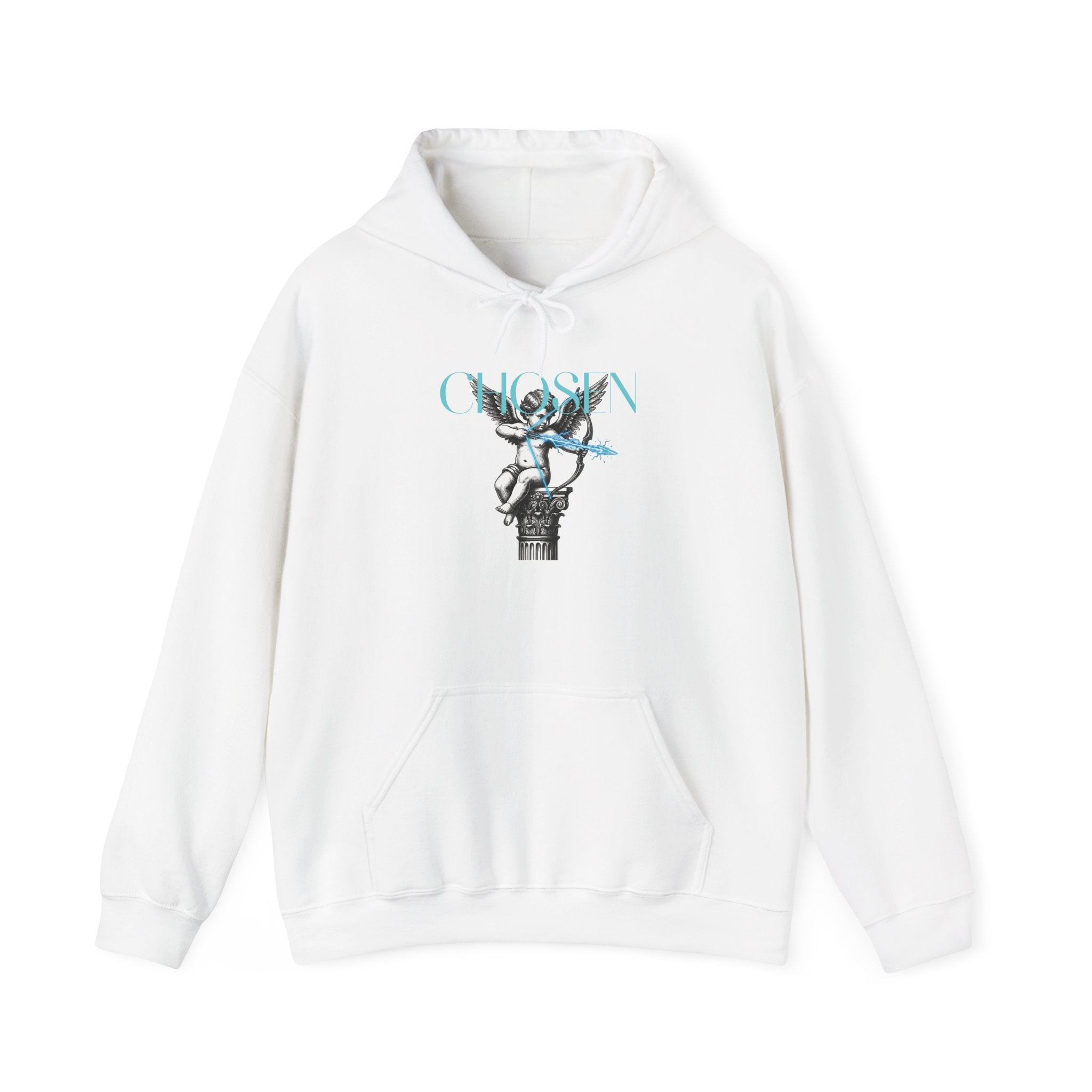 White hoodie with cherubic angel holding bow and arrow