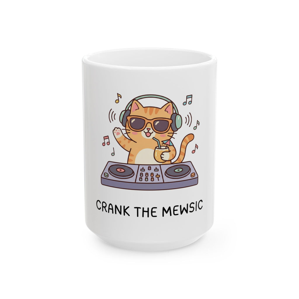 White mug with a cat DJ design and Crank the Mewsic text