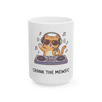 White mug with a cat DJ design and Crank the Mewsic text