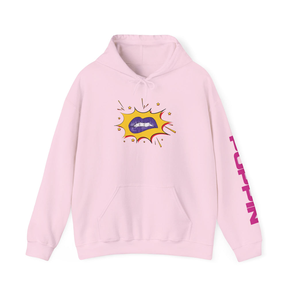 Pink hoodie with a lips graphic design