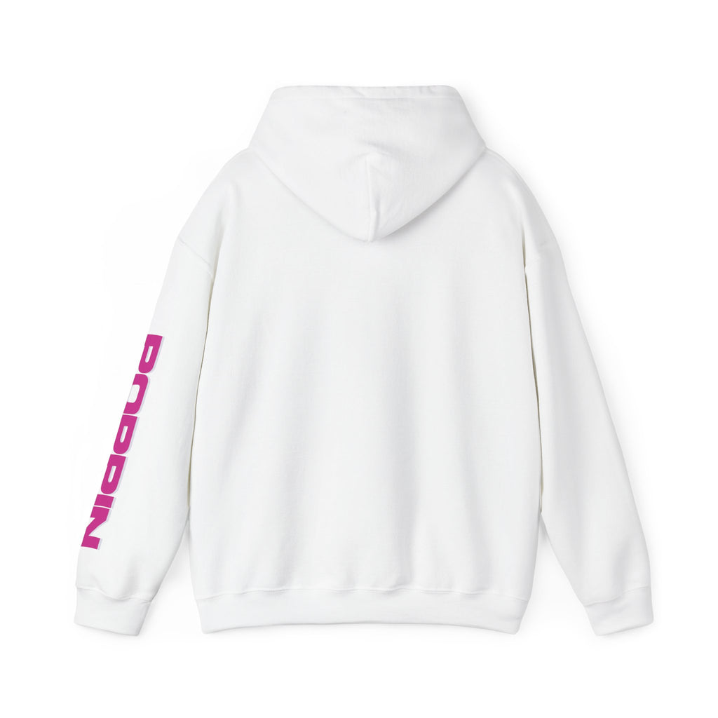 White hoodie with pink text on sleeve