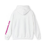 White hoodie with pink text on sleeve