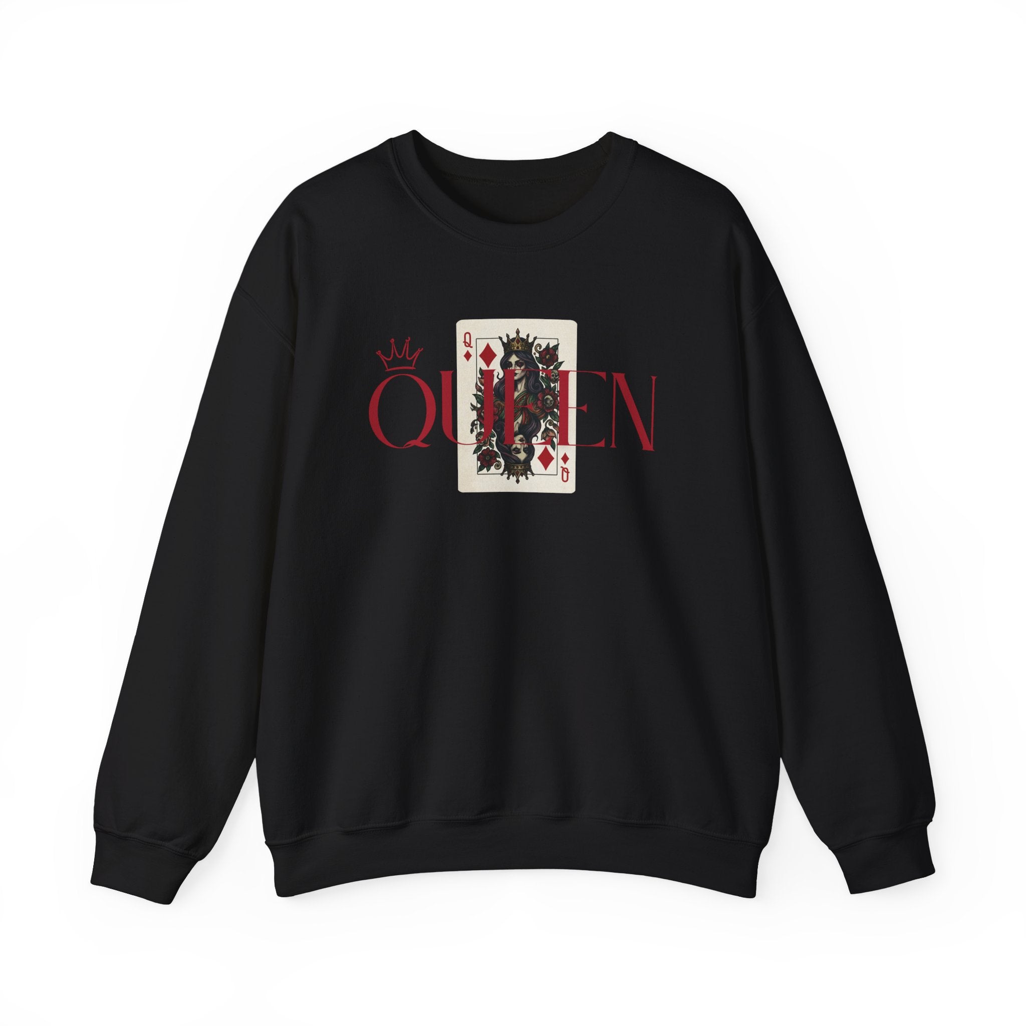 Black sweatshirt with a graphic design of a queen 