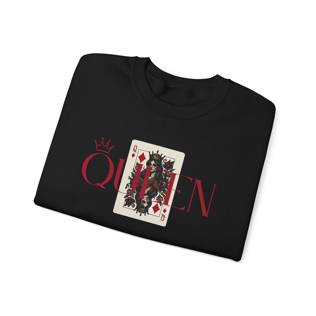 Black sweatshirt with a graphic design of a playing card queen and the word QUEEN 