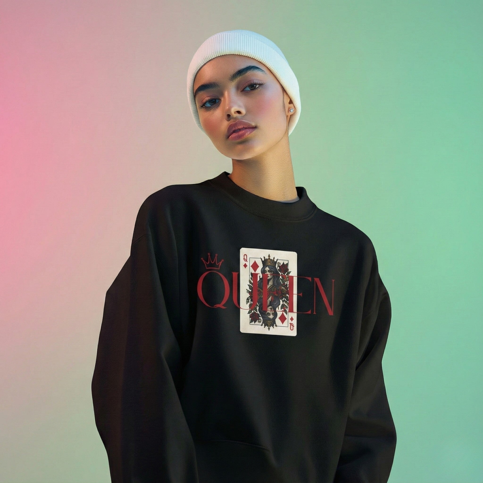 Woman wearing a black sweatshirt of queen of diamonds card graphic