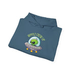 Folded blue hoodie with alien design and Whole Crew Up text 